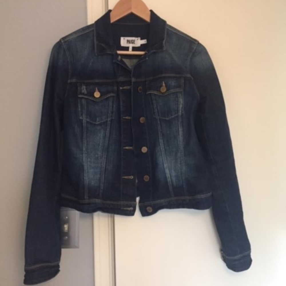 Paige dark distressed denim jacket, M
